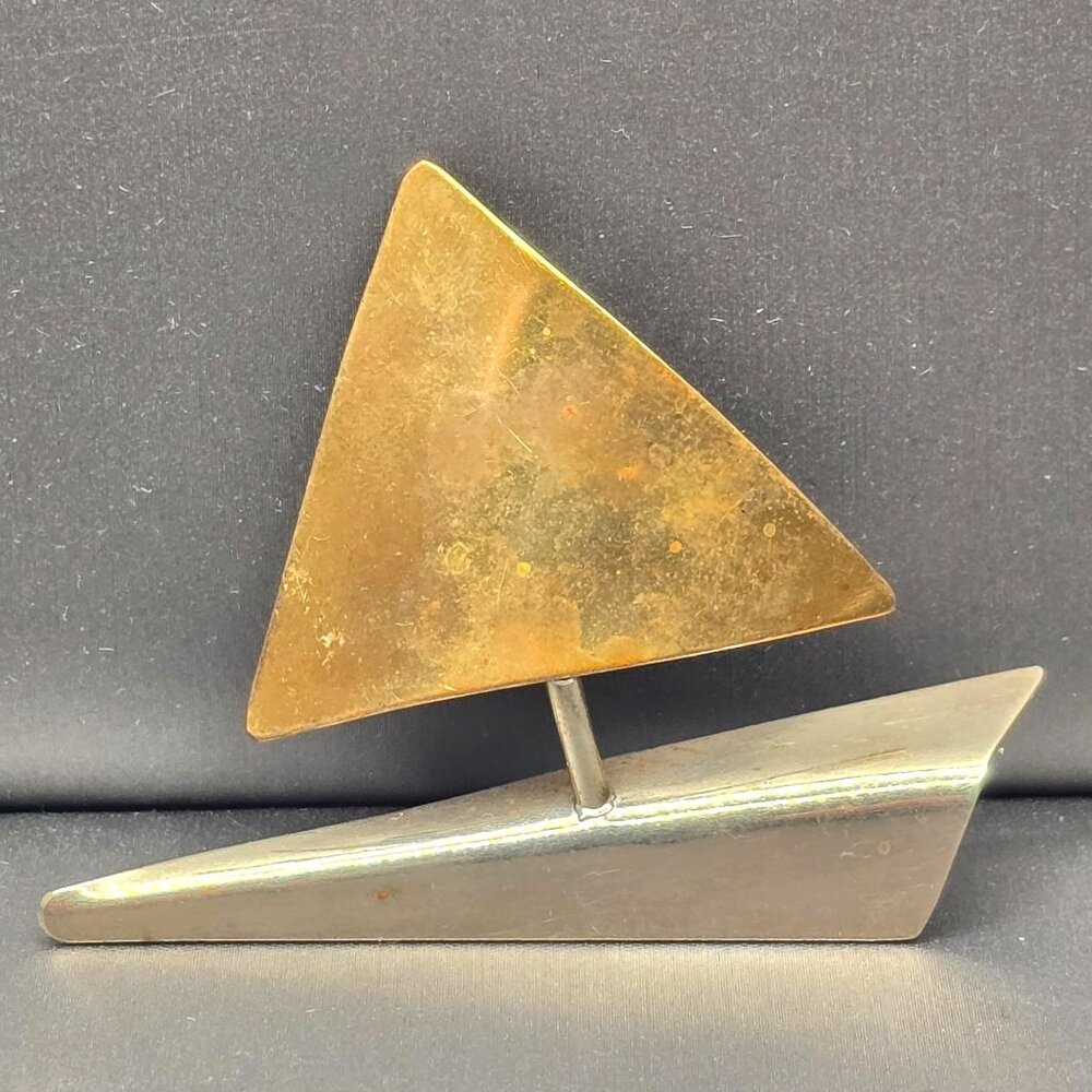 VTG Brass & Stainless-Steel Modernist Abstract Brooch Pin 2.25" Signed 00